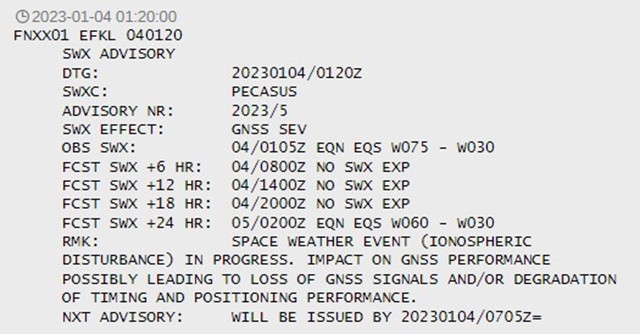 Figur 2: Eksempel p&aring; space weather advisory for severe gnss