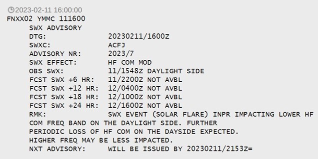 Figur 4: Eksempel p&aring; space weather advisory for moderat hf communication